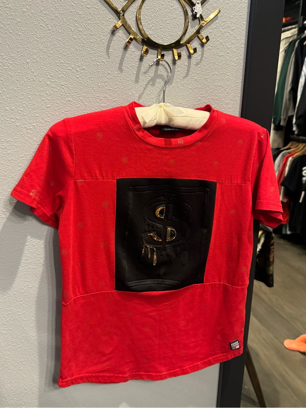 Vintage Phat Farm Red Short Sleeve Baby Tee with Black Dollar Panel Y2K Retro 💸